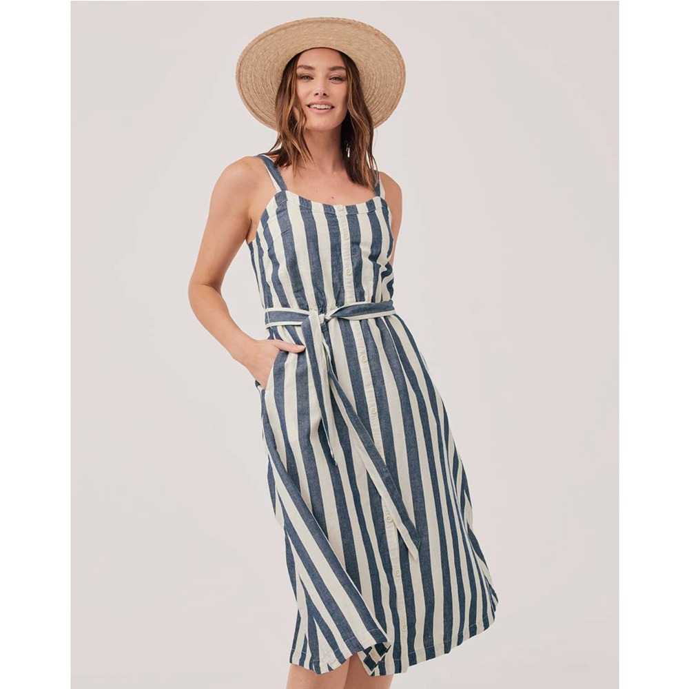 Pact Navy and Cream Striped Smocked-Back Midi Dress - Picture 2 of 9